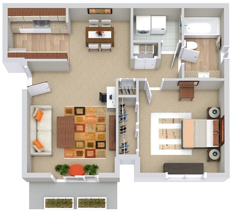 Floor plan for 1 bed, 1 bath, 653 sqft